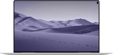 laptop screen displaying an isolated desert landscape with footprints in the sand