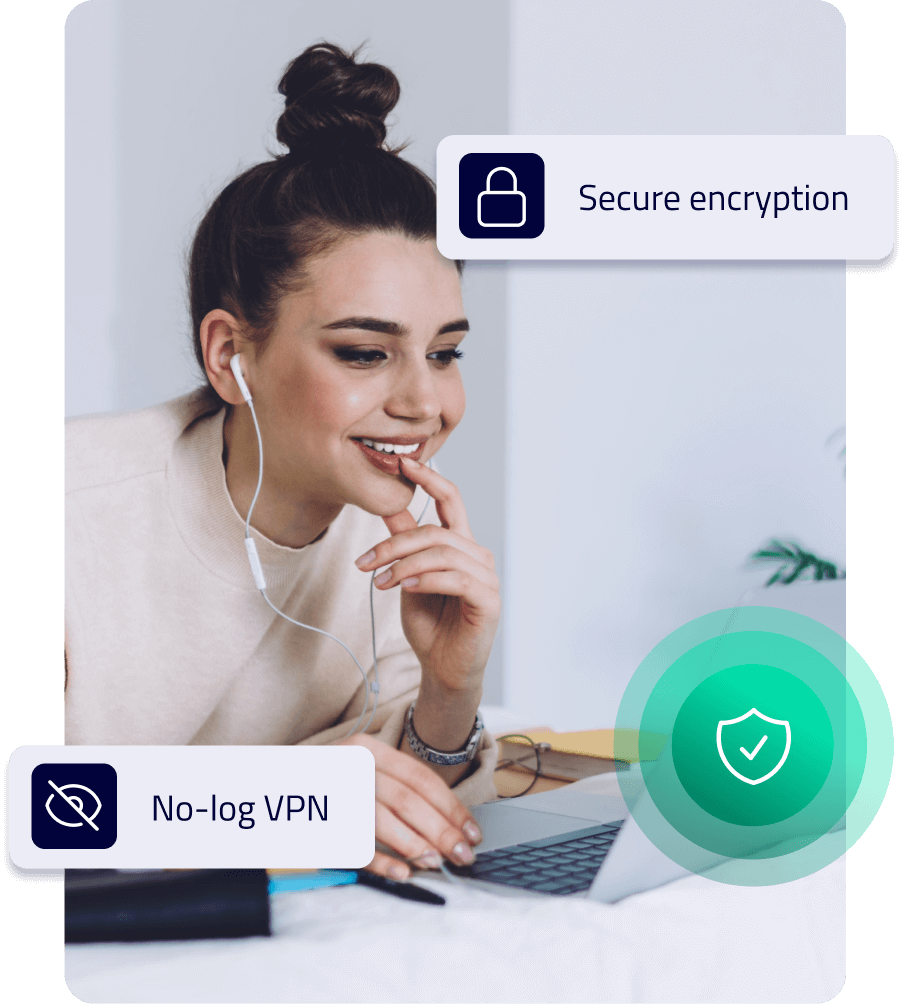 Smiling woman using a laptop with VPN security icons for "Secure encryption" and "No-log VPN"