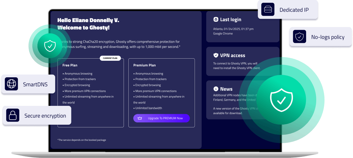 Ghosty VPN user dashboard on a laptop screen displaying security features like encryption, no-logs policy, and SmartDNS