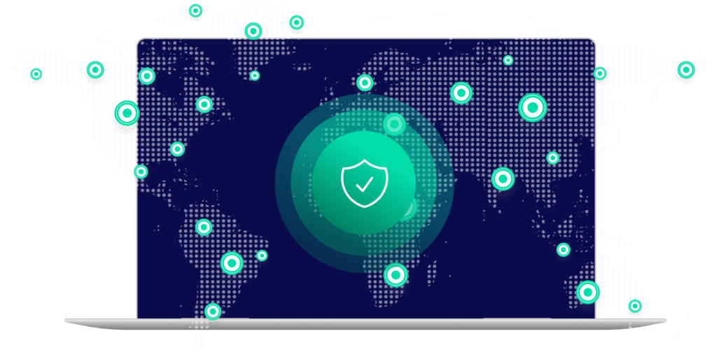 Weltkarte mit vernetzten VPN-Serverstandorten und einem Sicherheitssymbol im Zentrum.