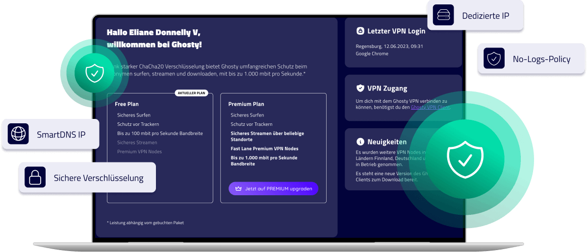 Bildschirm zeigt VPN-Dienstoberfläche mit verschiedenen Plänen und Sicherheitsmerkmalen auf einem Laptop.