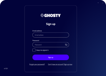Blue registration form with email and password fields, sign-up button visible.