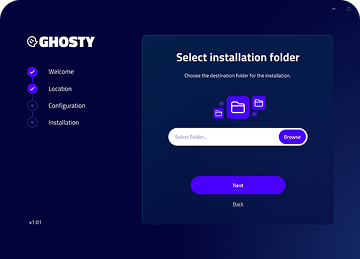 Software installation screen with options for folder selection and navigation buttons.