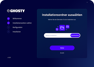 Software-Installationsbildschirm mit Auswahl des Installationsordners und Schaltflächen für Weiter und Zurück.