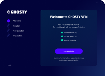 GHOSTY VPN installation screen with options and start button.