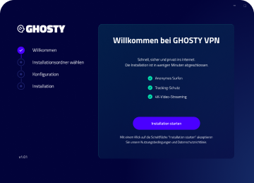 Software-Installationsbildschirm von Ghosty VPN mit Schritt-für-Schritt Anweisungen.