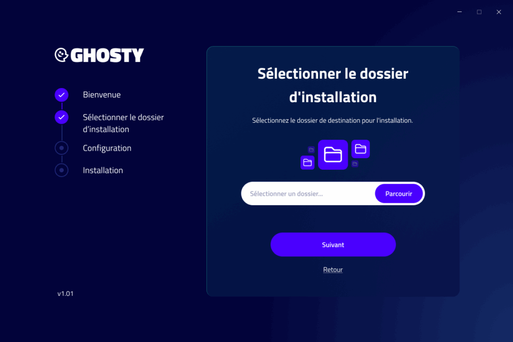 L'assistant d'installation affiche l'étape de sélection du dossier avec un fond bleu et des boutons. L'assistant d'installation affiche l'étape de sélection du dossier avec un fond bleu et des boutons.