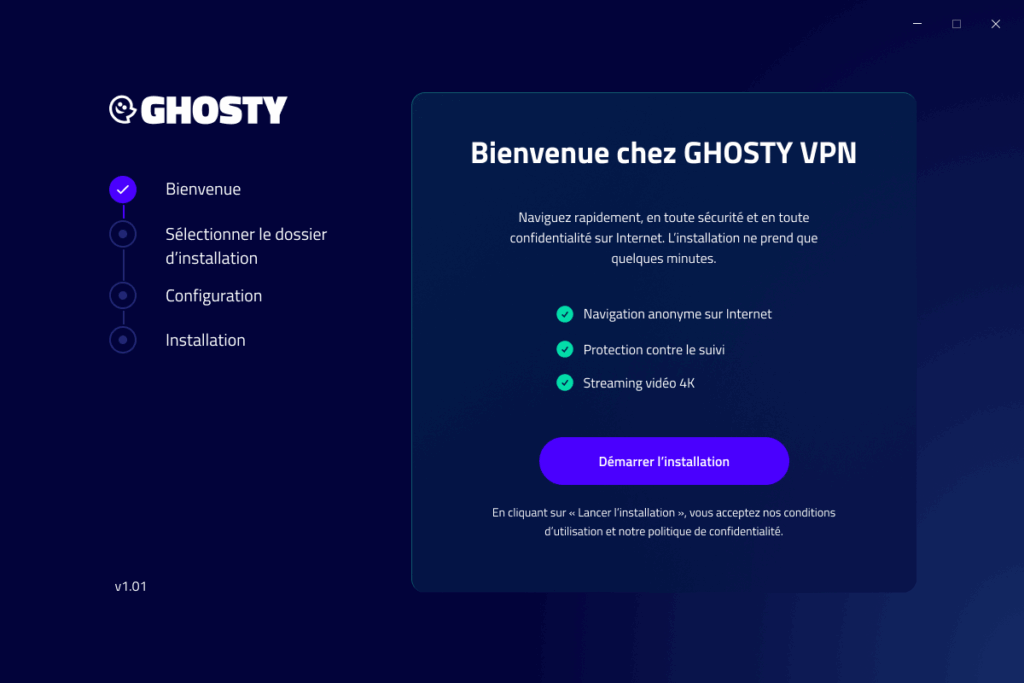 Écran d'installation du logiciel de Ghosty VPN avec instructions étape par étape. Écran d'installation du logiciel de Ghosty VPN avec instructions étape par étape.