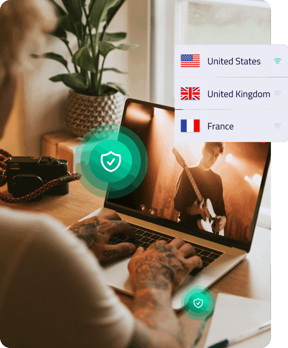EN_Access unavailable content with Ghosty VPN 45 Person am Laptop, Musikvideo, VPN-Overlay, und Länderauswahl-Display.