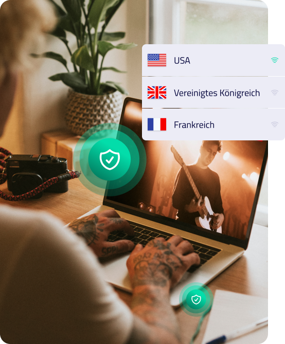 DE_Nicht verfügbare Inhalte streamen mit Ghosty VPN 45 Person vor Laptop mit Verbindungsauswahl und Musiker im Video.