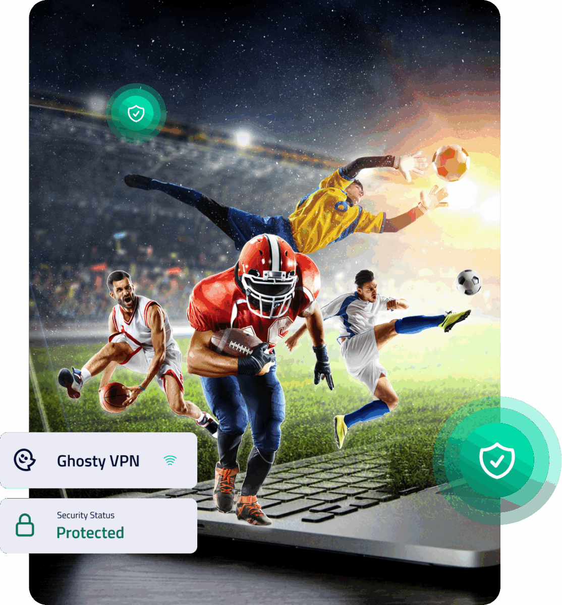 EN_Access unavailable content with Ghosty VPN 55 Sportler verschiedener Disziplinen auf Laptop-Tastatur, mit VPN-Logo und Schutzsymbol.