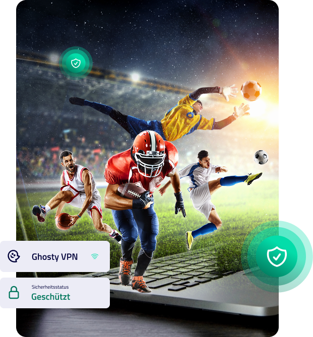 DE_Nicht verfügbare Inhalte streamen mit Ghosty VPN 55 Sportliche Menschen agieren über einem Laptop mit VPN-Interface und Sicherheitsstatus.