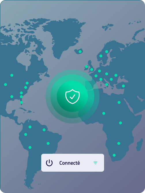 FR_Diffuser du contenu indisponible avec Ghosty VPN 54 Carte du monde avec un symbole VPN et des points verts.